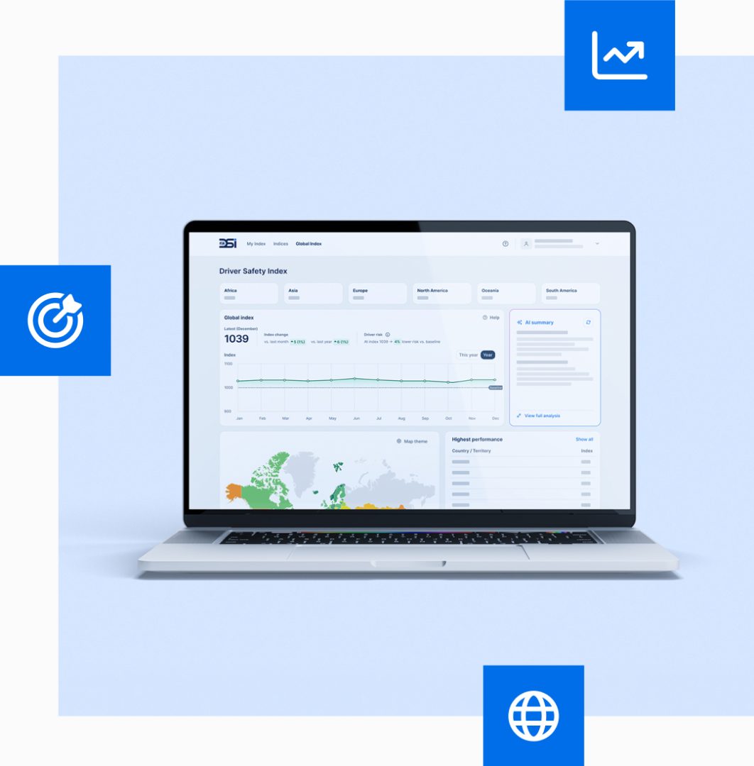 FIA Driver Safety Index dashboard displayed on a laptop screen with blue icons around it symbolizing targeted improvement, ROI and ESG Reporting for mobility.