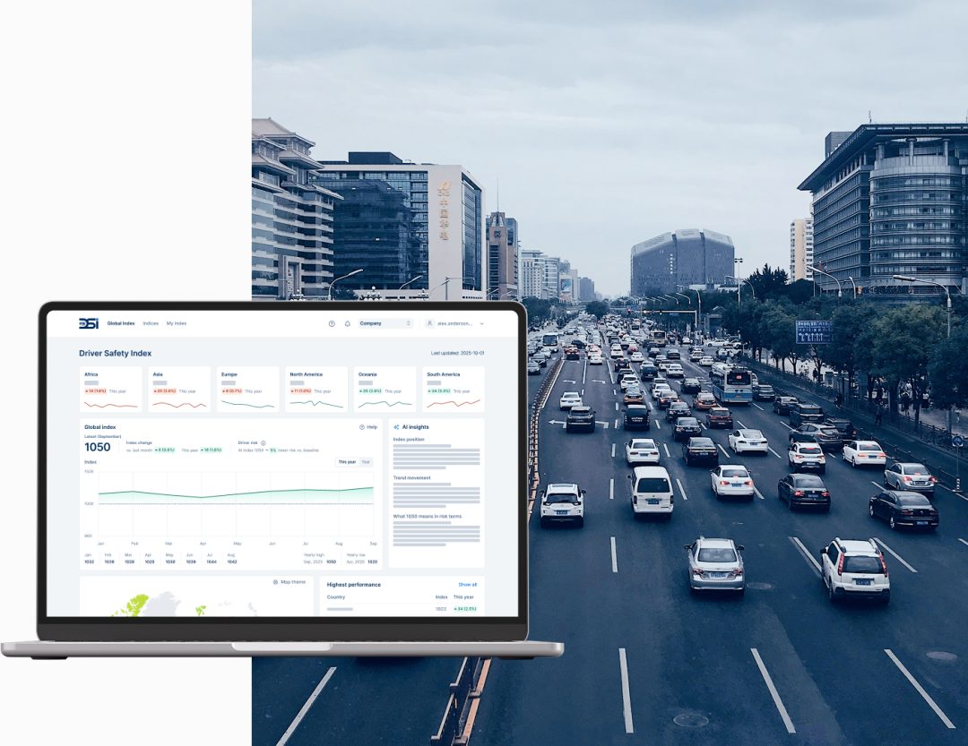 FIA Driver Safety Index Platform displayed on a laptop screen with heavy city traffic on a multi-lane urban road in Asia in the background.