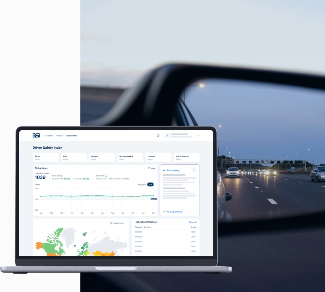 FIA Driver Safety Index platform displayed on a laptop screen with a blurred highway in the car's side mirror, illustrating AI-powered global road safety insights.