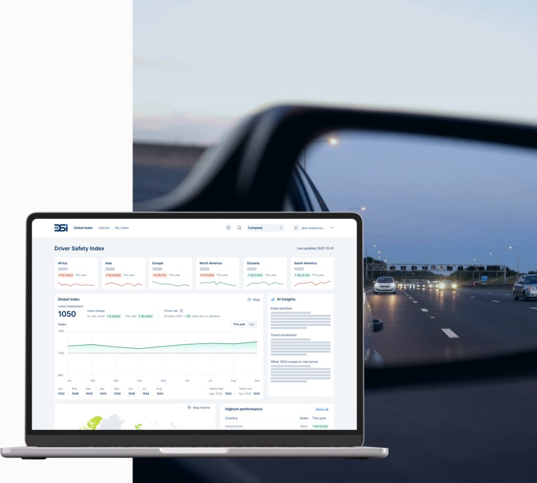 FIA Driver Safety Index platform displayed on a laptop screen with a blurred highway in the car's side mirror, illustrating AI-powered global road safety insights.