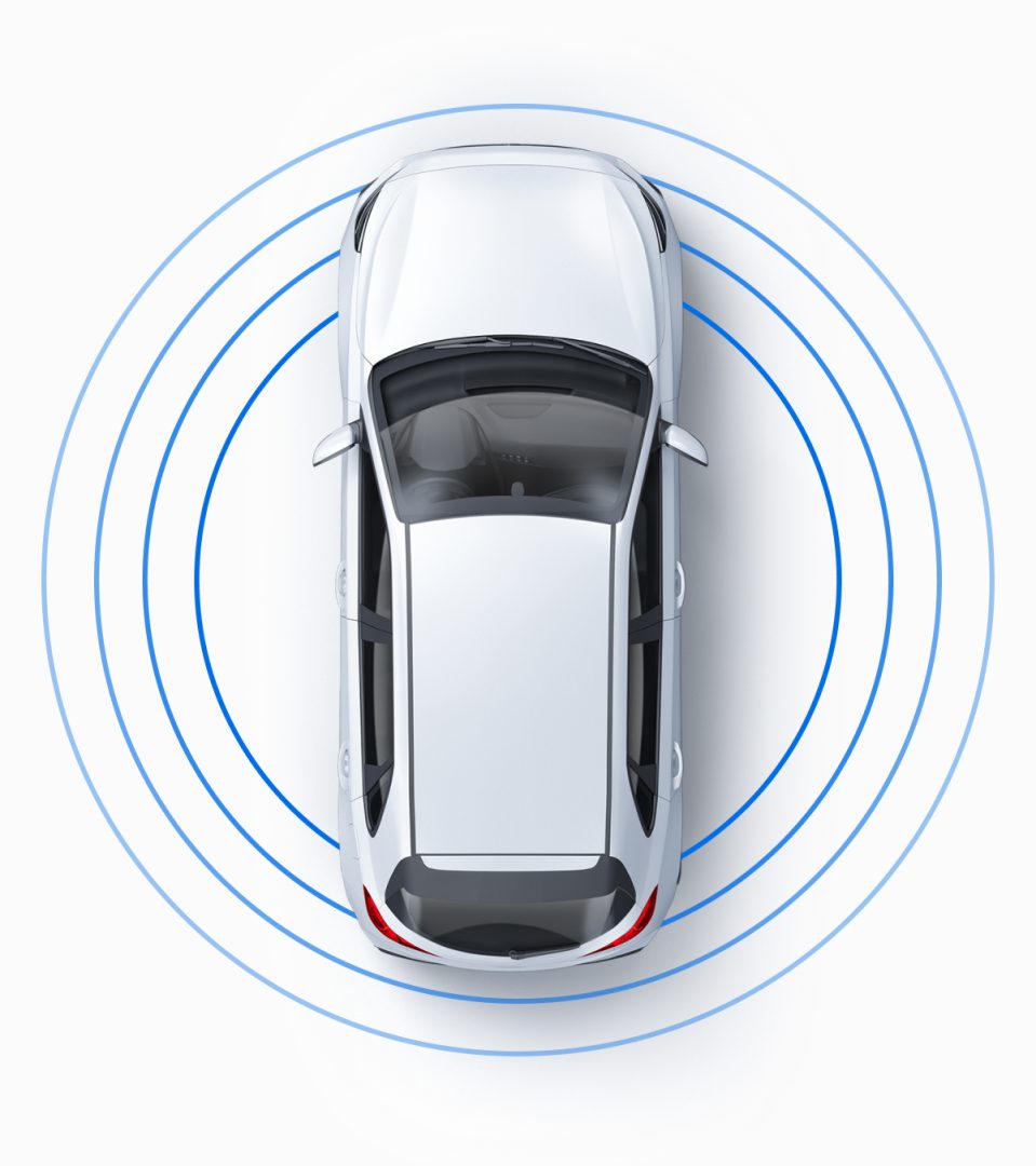 Top-down view of a connected white car with AI-enabled sensors analyzing its surroundings, illustrating vehicle risk detection using telematics and real-time data for driver safety insights — Greater Than, FIA DSI.