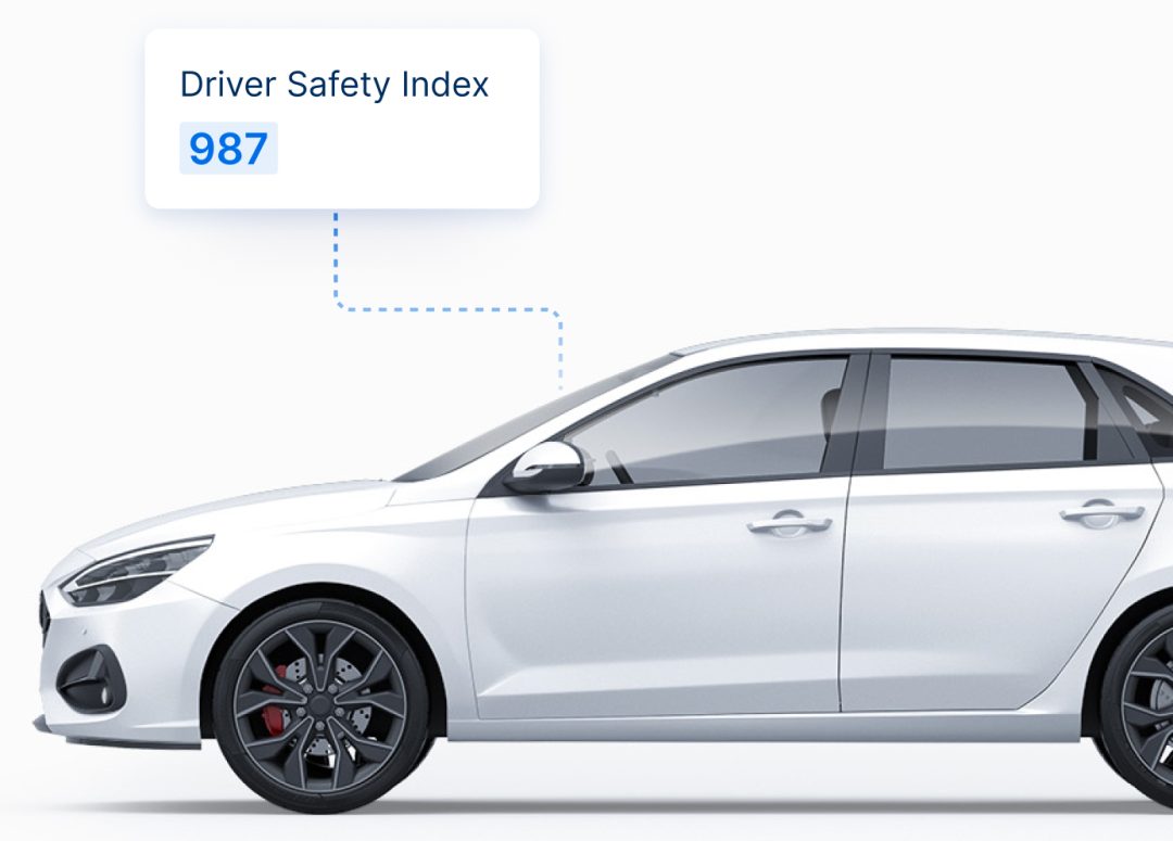 White car with Driver Safety Index score of 987 displayed, representing vehicle safety analytics by FIA DSI.